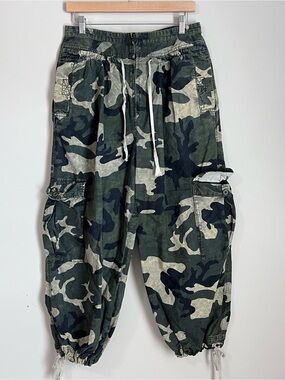 Free People Fly Away Parachute Pants Camo Womens 12 Cargo Boho Baggy Goth